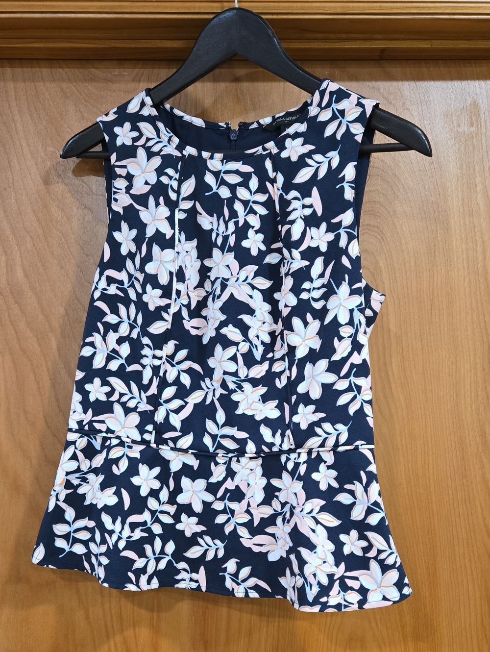 Banana Republic Navy Floral Peplum Top with Pale Pink Flowers